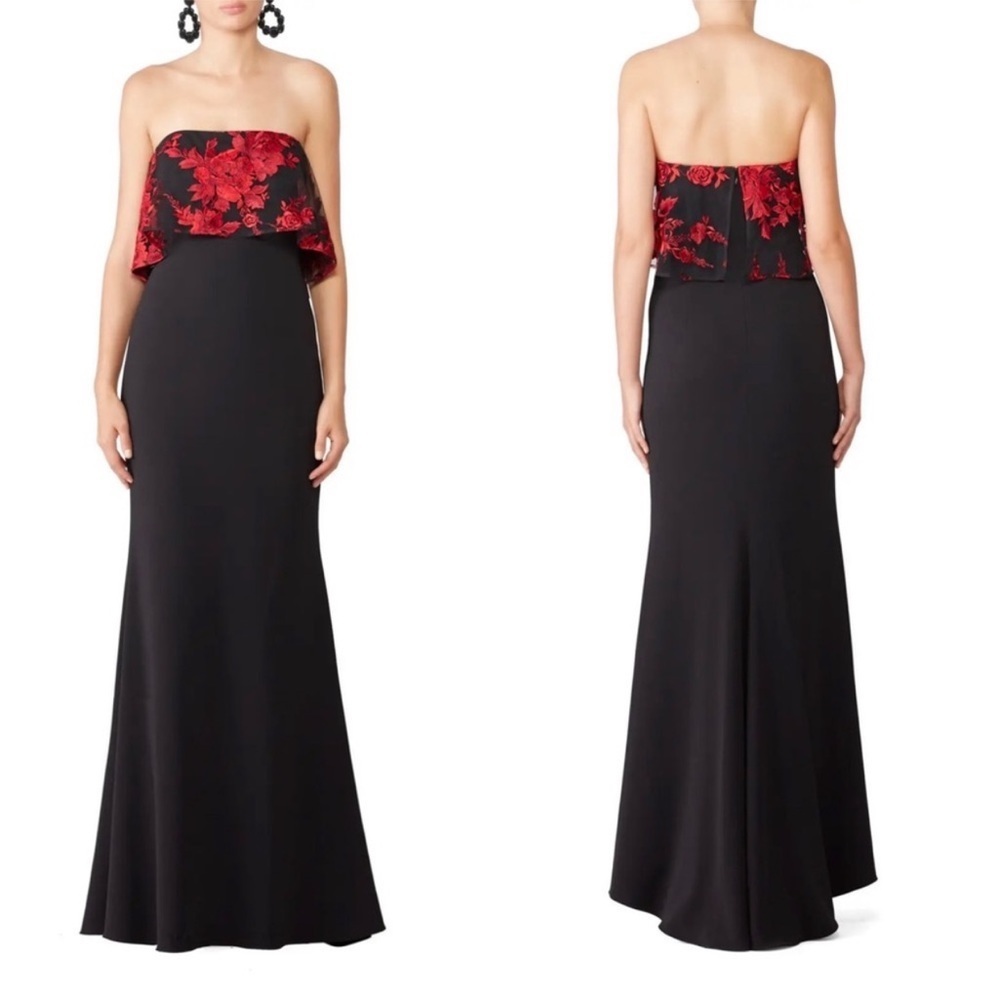 Badgley Mischka Floral Lace Embroidered Strapless Popover Gown Black Red Sz 4